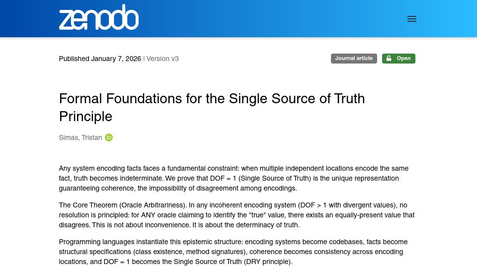 Screenshot of zenodo.org: Show HN: Lean4 proof that SSOT requires definition-time hooks and introspection