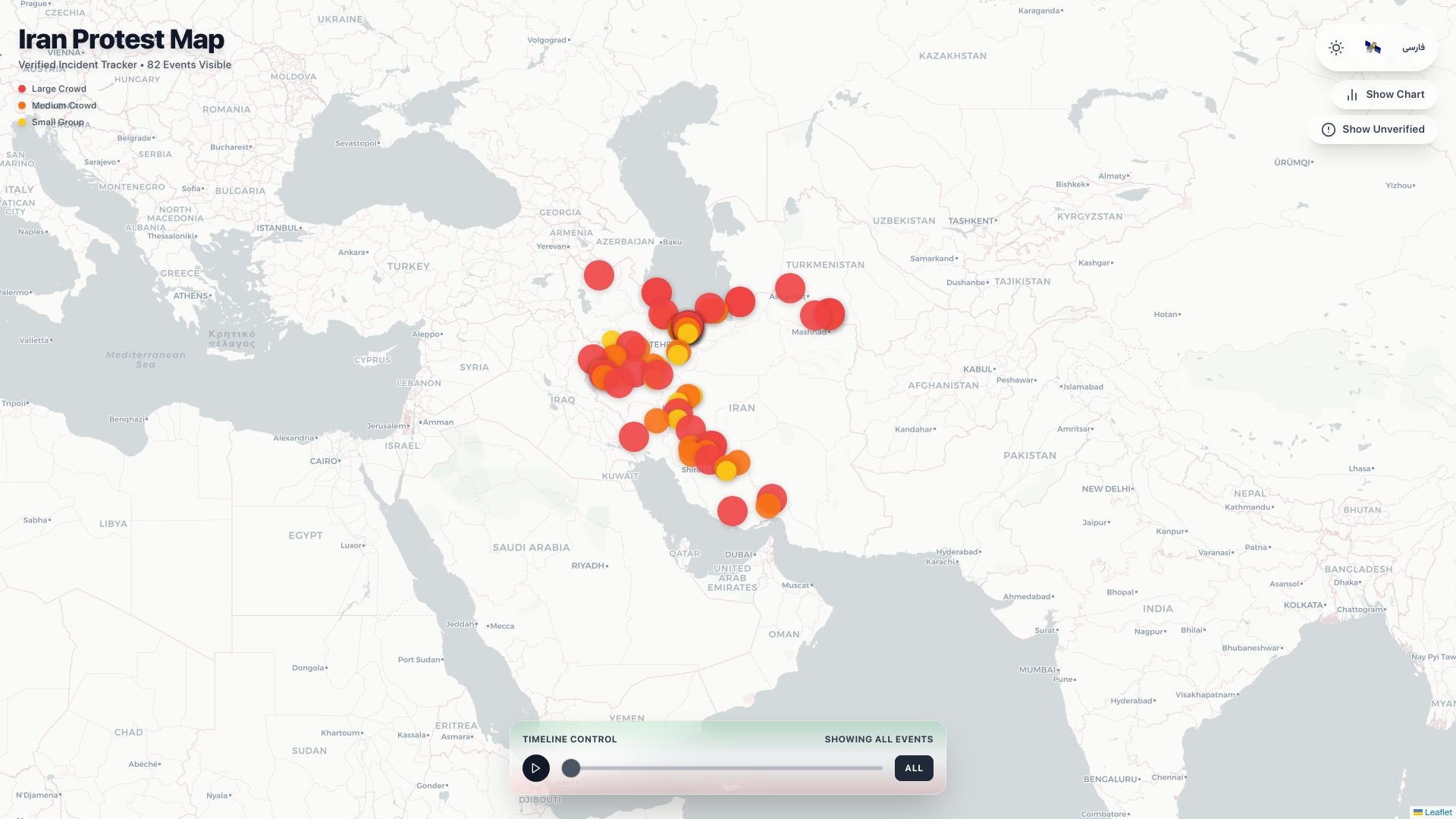 Screenshot of pouyaii.github.io: Iran Protest Map