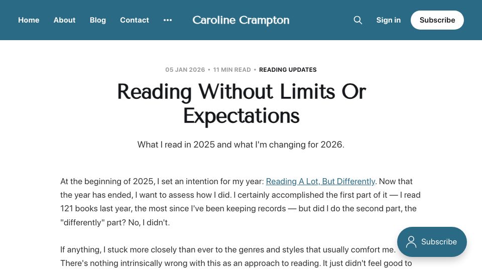 Screenshot of carolinecrampton.com: Reading Without Limits or Expectations