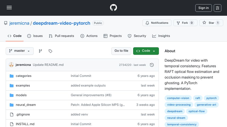 Screenshot of github.com: Show HN: DeepDream for Video with Temporal Consistency