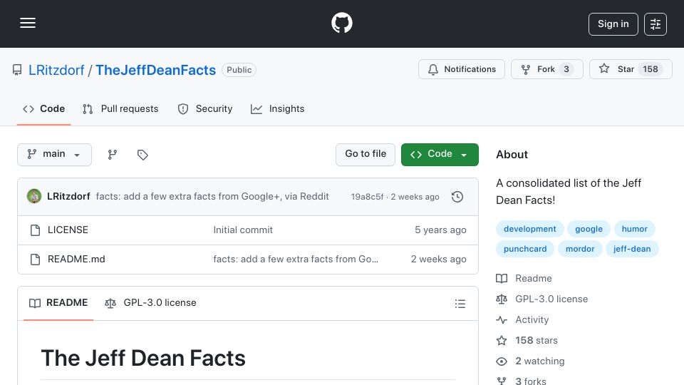 Screenshot of github.com: The Jeff Dean Facts
