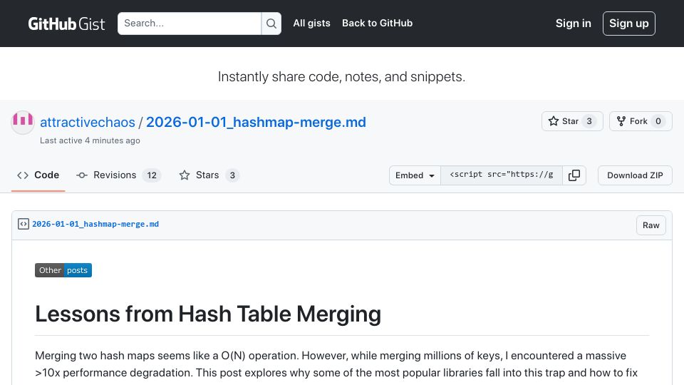 Screenshot of gist.github.com: Lessons from Hash Table Merging
