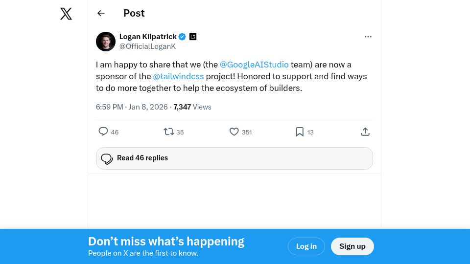 Screenshot of twitter.com: Google AI Studio is now sponsoring Tailwind CSS