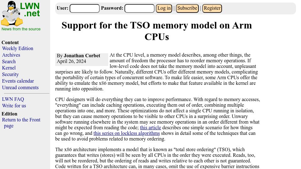 Screenshot of lwn.net: Support for the TSO memory model on Arm CPUs (2024)