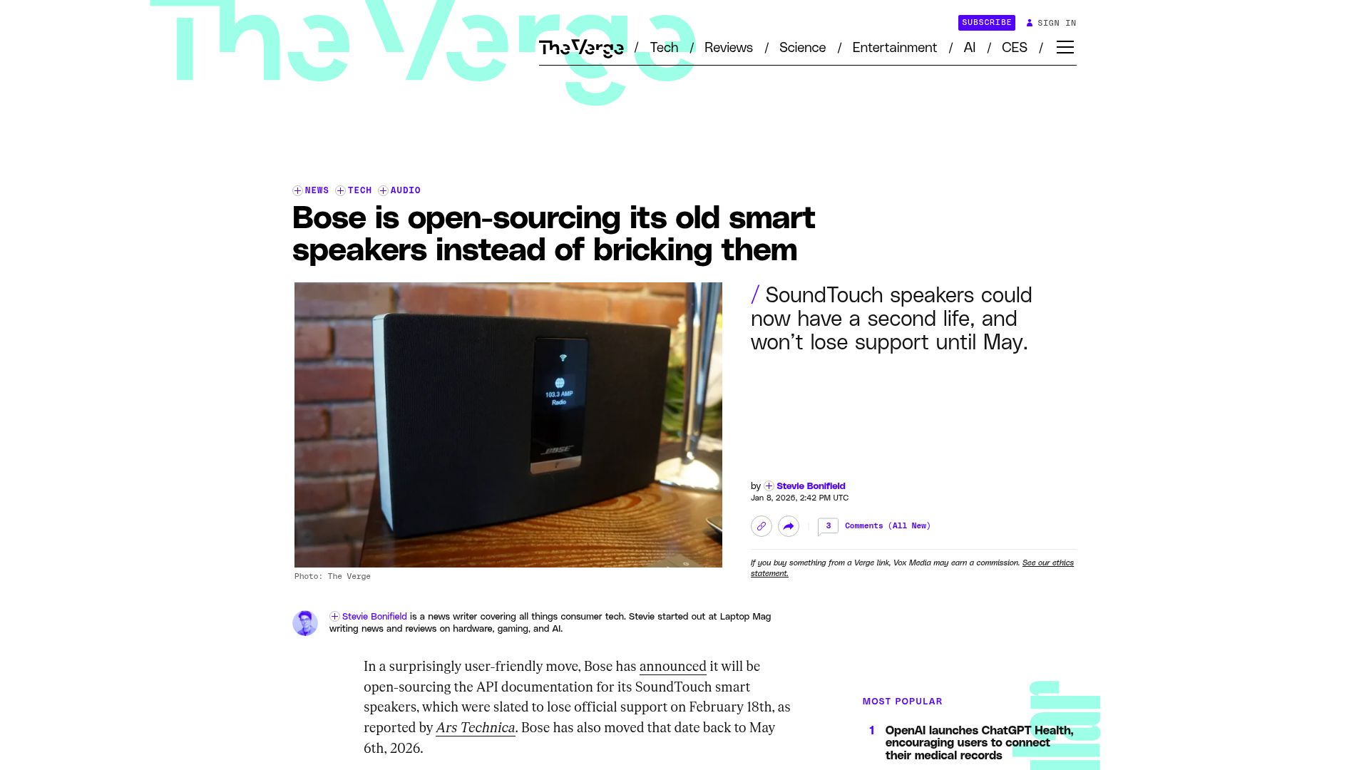 Screenshot of arstechnica.com: Bose has released API docs and opened the API for its EoL SoundTouch speakers