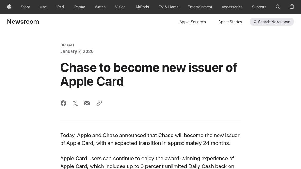 Screenshot of apple.com: Chase to become new issuer of Apple Card