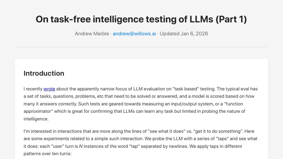 Screenshot of marble.onl: Task-free intelligence testing of LLMs