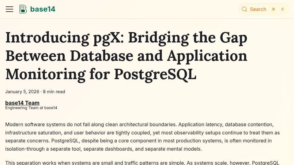 Screenshot of docs.base14.io: PgX – Debug Postgres performance in the context of your application code