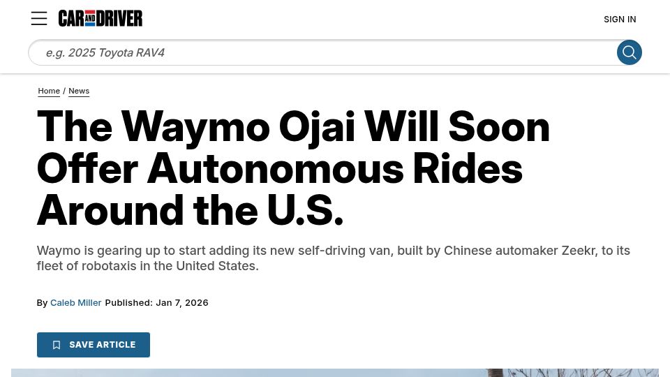 Screenshot of caranddriver.com: The Waymo Ojai Will Soon Offer Autonomous Rides Around the U.S.