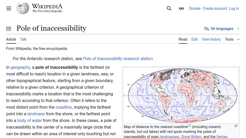 Screenshot of en.wikipedia.org: Pole of Inaccessibility