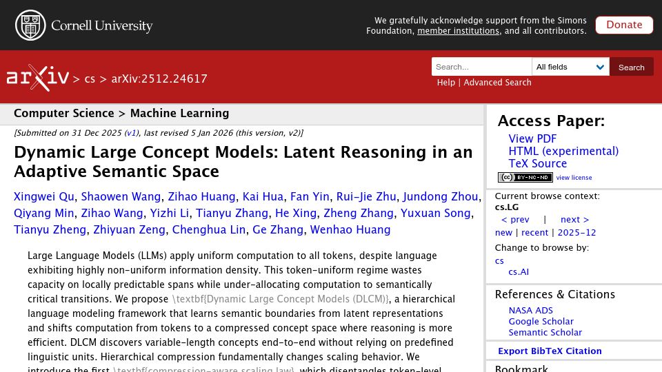 Screenshot of arxiv.org: Dynamic Large Concept Models: Latent Reasoning in an Adaptive Semantic Space