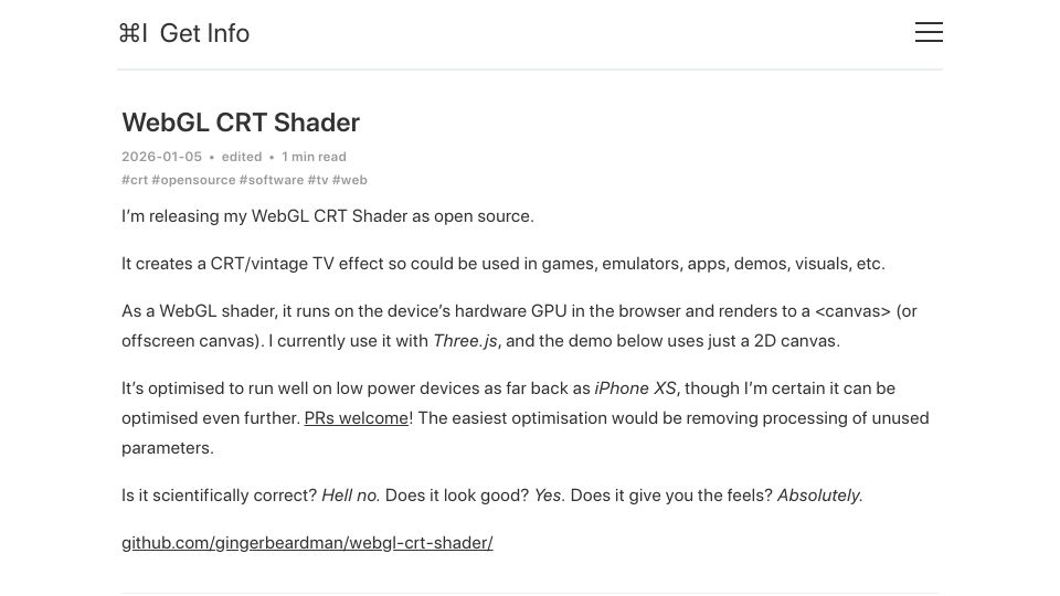 Screenshot of blog.gingerbeardman.com: GLSL Web CRT Shader