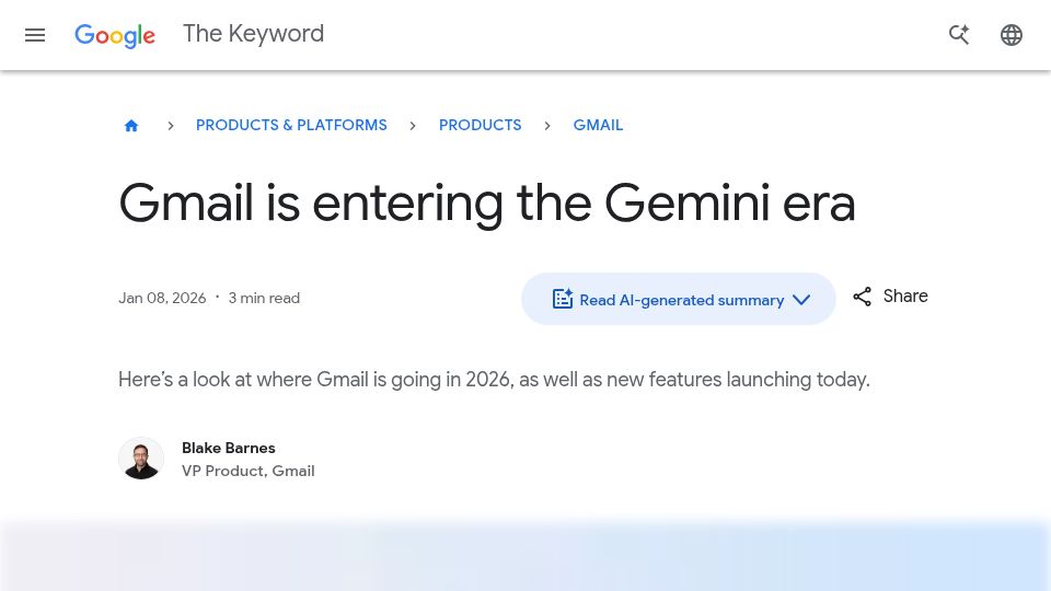 Screenshot of blog.google: Gmail is entering the Gemini Era