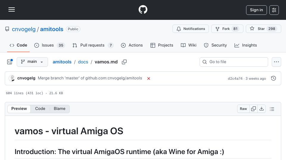 Screenshot of github.com: The virtual AmigaOS runtime (a.k.a. Wine for Amiga:)