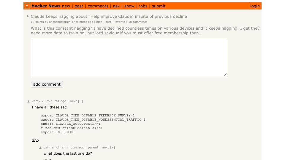 Screenshot of Hacker News post: Claude keeps nagging about "Help improve Claude" inspite of previous decline