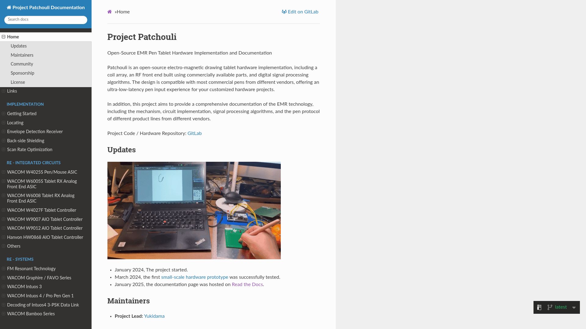 Screenshot of patchouli.readthedocs.io: Project Patchouli: Open-source electromagnetic drawing tablet hardware