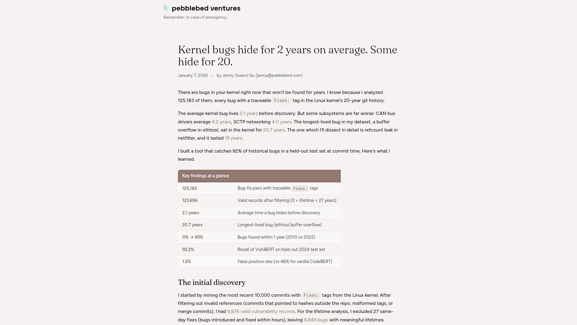 Screenshot of pebblebed.com: Kernel bugs hide for 2 years on average. Some hide for 20