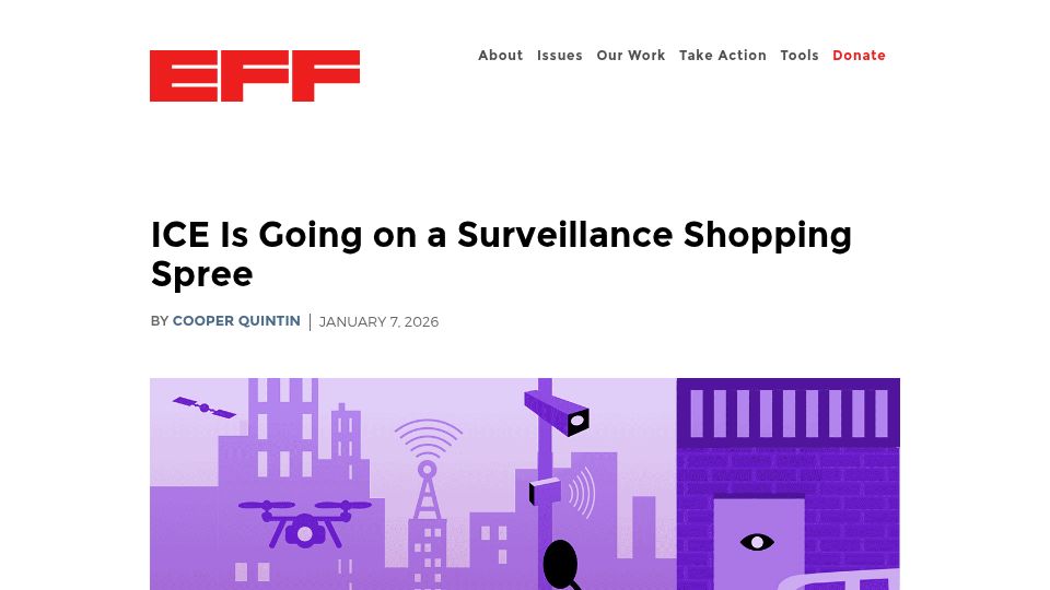 Screenshot of eff.org: ICE Is Going on a Surveillance Shopping Spree