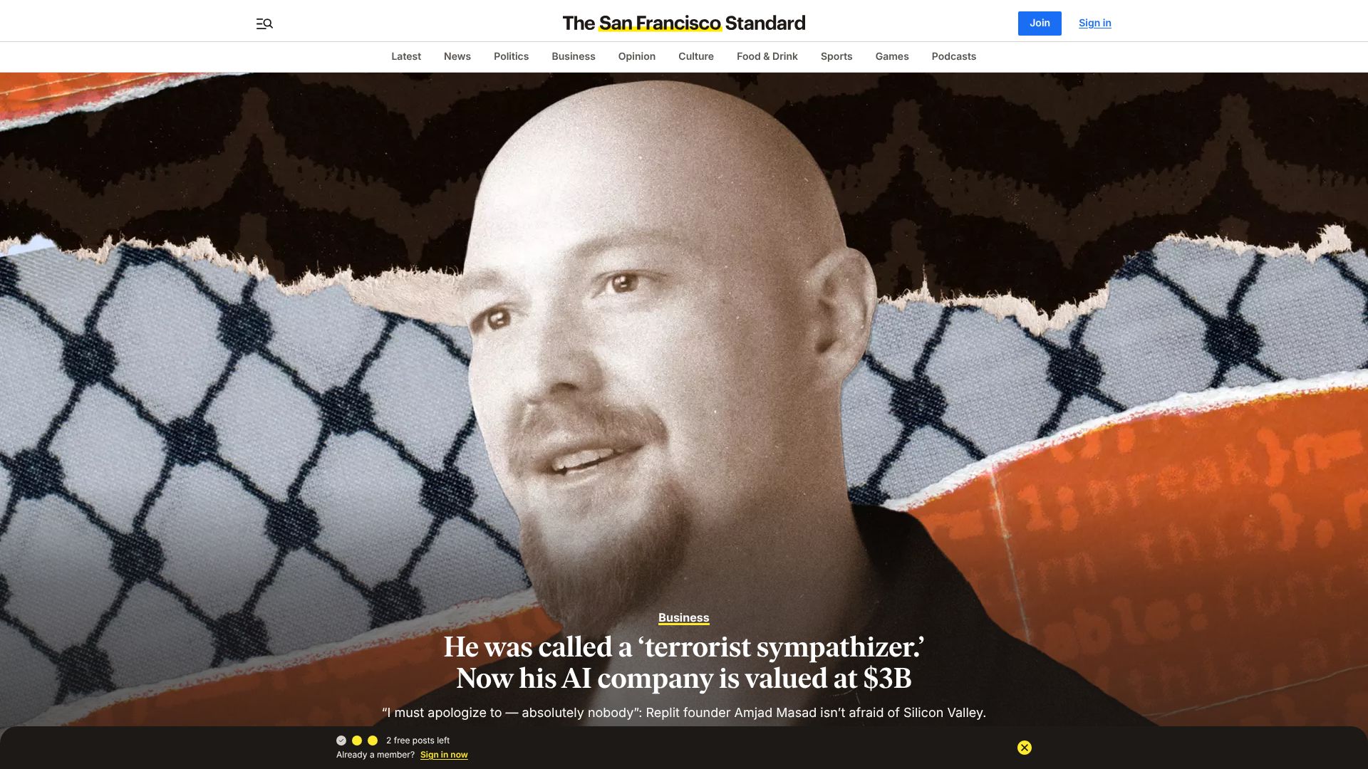 Screenshot of sfstandard.com: Replit founder Amjad Masad isn’t afraid of Silicon Valley