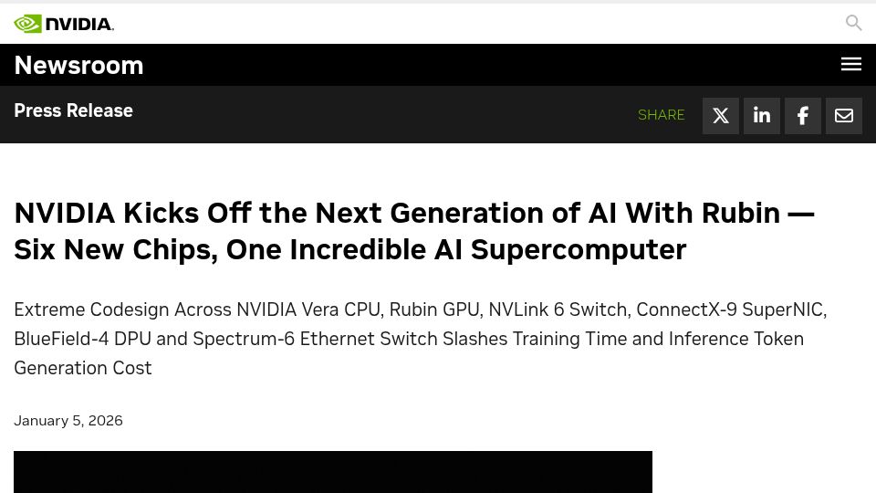 Screenshot of nvidianews.nvidia.com: Nvidia Kicks Off the Next Generation of AI with Rubin