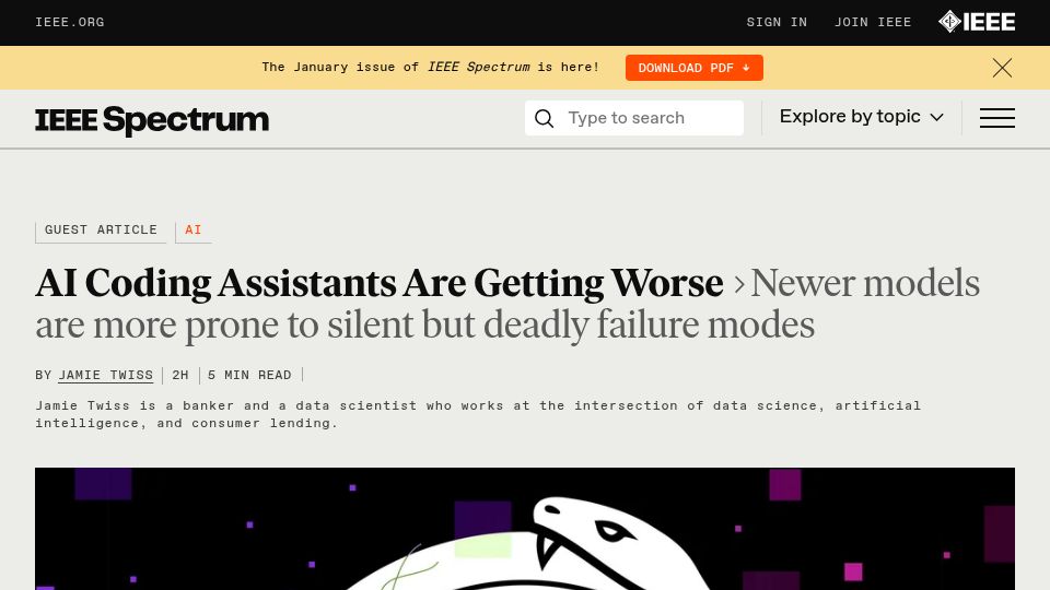 Screenshot of spectrum.ieee.org: AI coding assistants are getting worse?