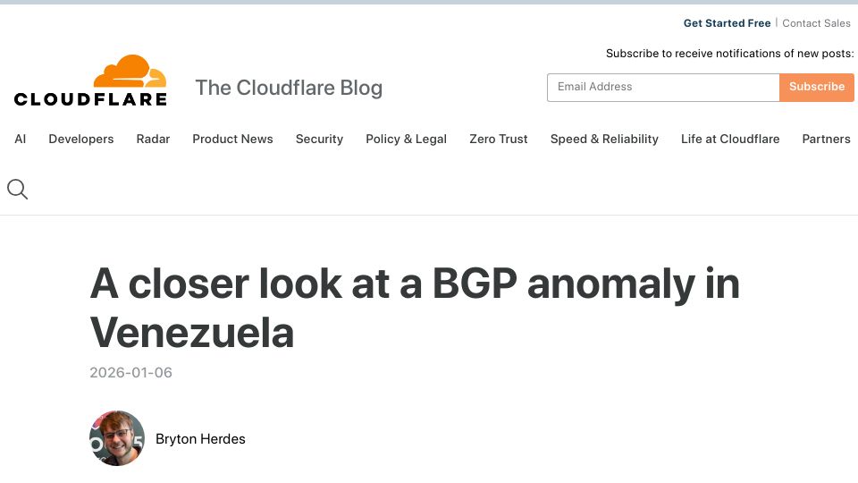 Screenshot of blog.cloudflare.com: A closer look at a BGP anomaly in Venezuela