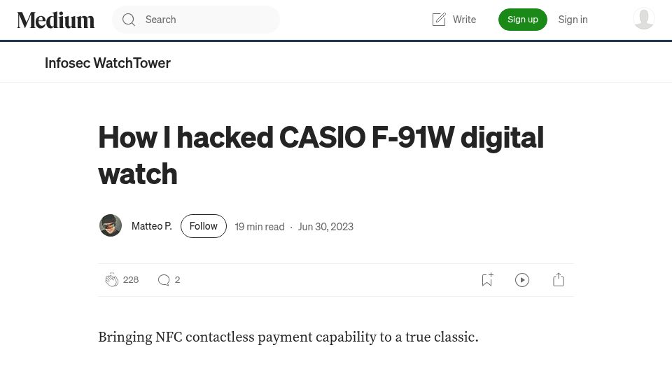 Screenshot of medium.com: Hacking a Casio F-91W digital watch (2023)
