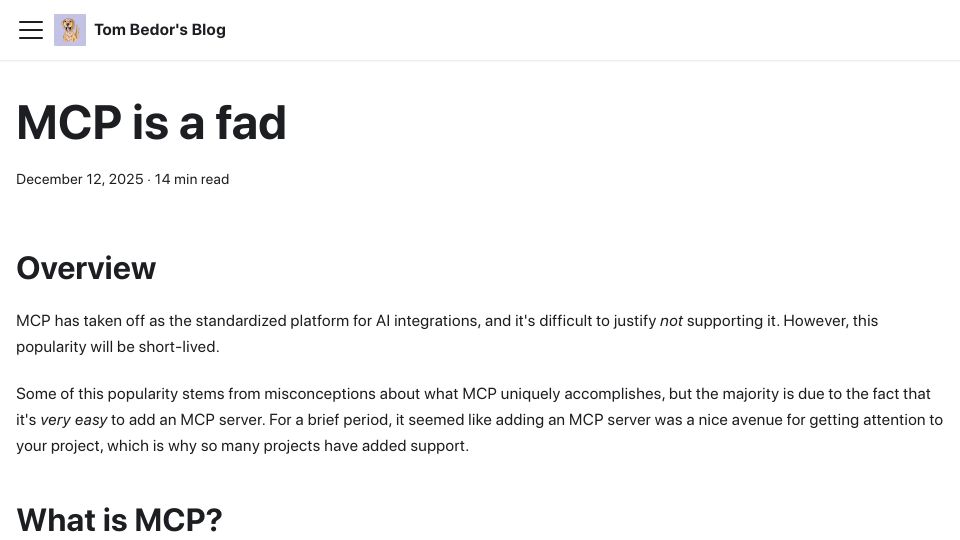 Screenshot of tombedor.dev: MCP is a fad