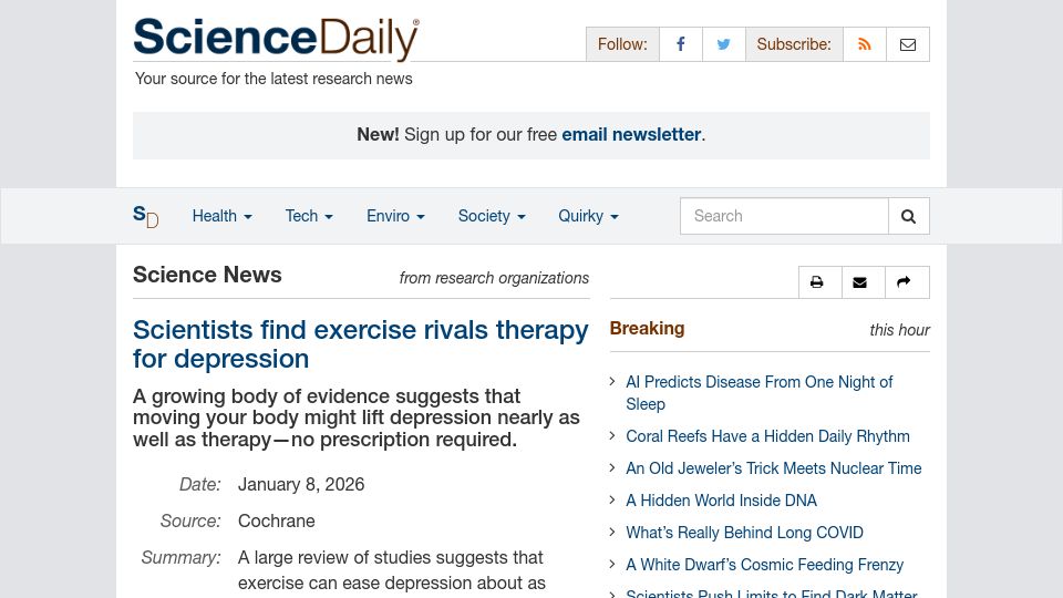 Screenshot of sciencedaily.com: Exercise can be nearly as effective as therapy for depression