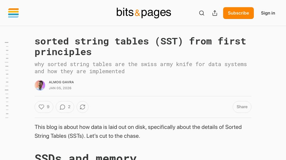 Screenshot of bitsxpages.com: Sorted string tables (SST) from first principles