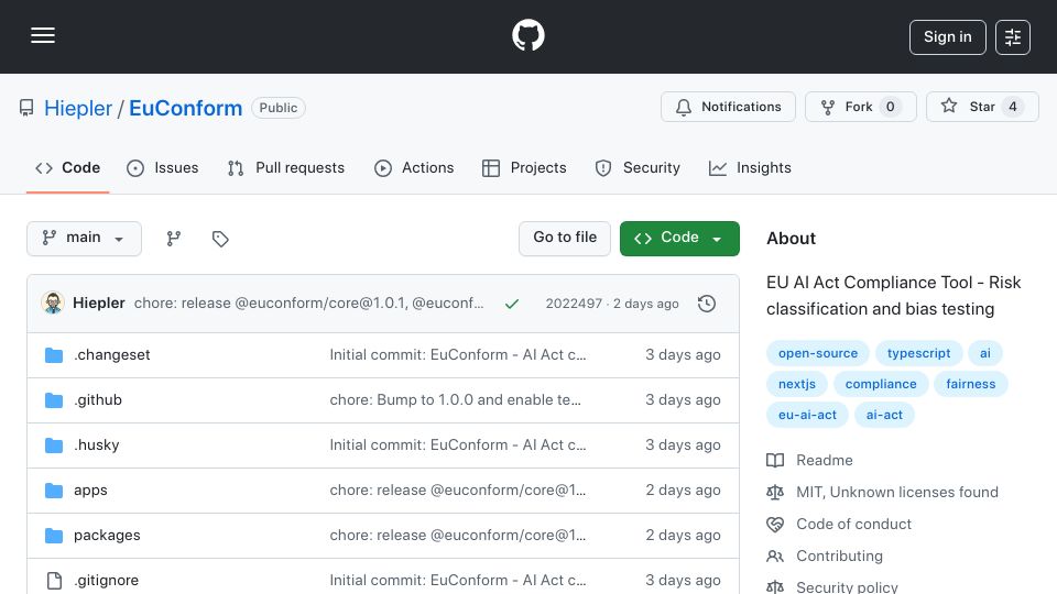 Screenshot of github.com: Show HN: EuConform – Offline-first EU AI Act compliance tool (open source)