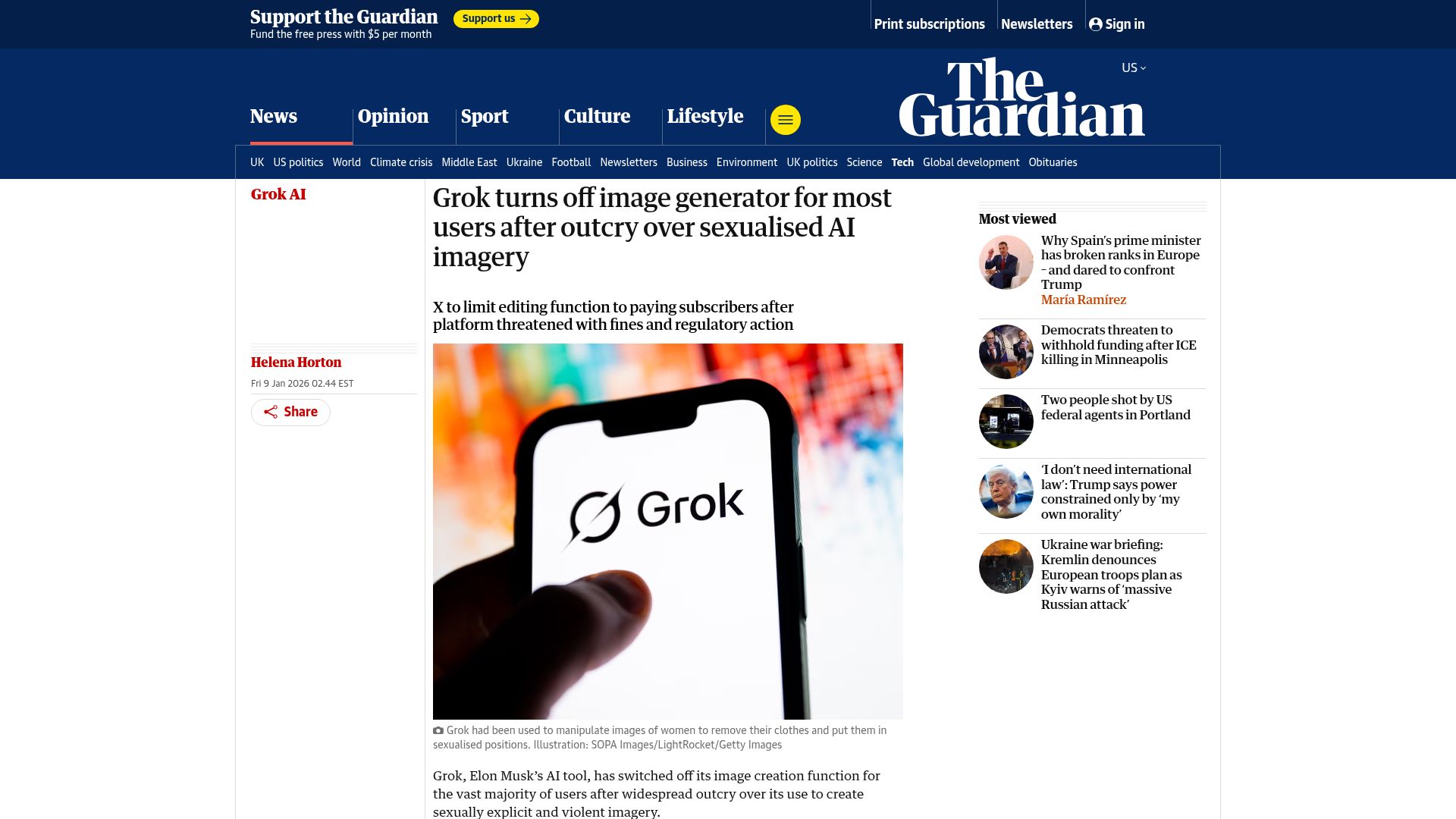 Screenshot of theguardian.com: Grok turns off image generator for most after outcry over sexualised AI imagery