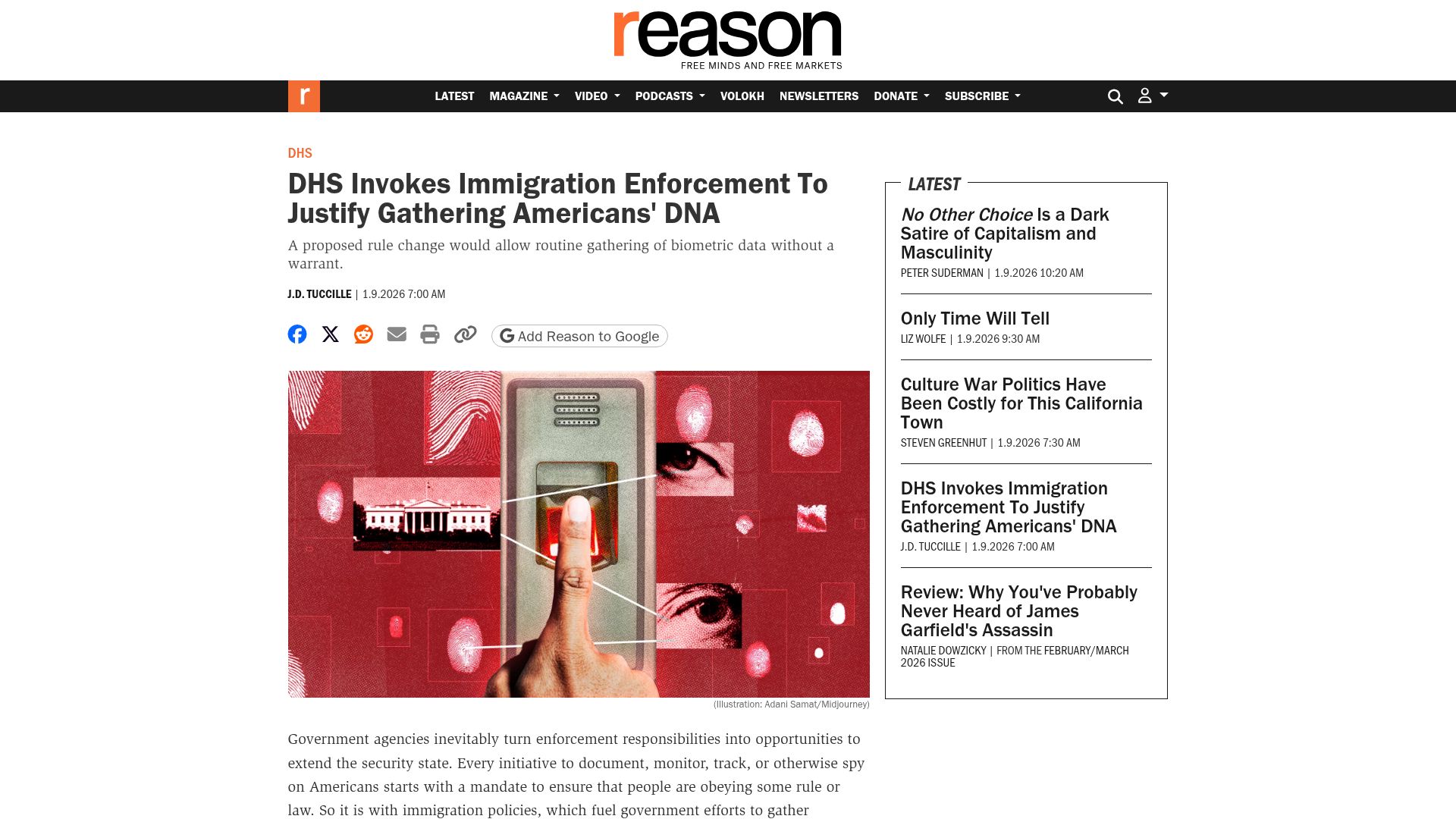 Screenshot of reason.com: DHS Invokes Immigration Enforcement to Justify Gathering Americans' DNA