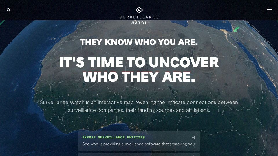 Screenshot of surveillancewatch.io: Surveillance Watch – A map that shows connections between surveillance companies