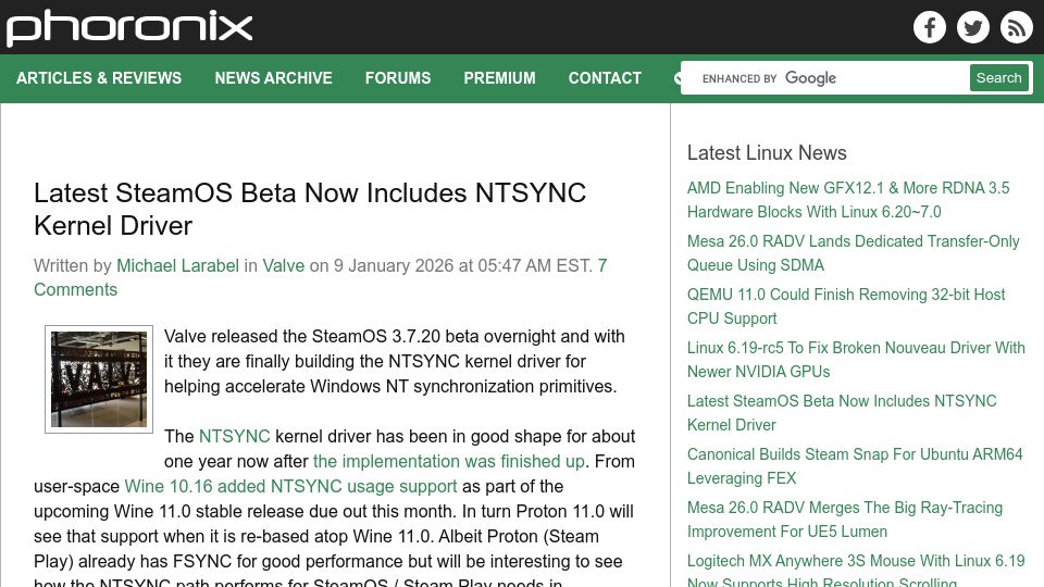 Screenshot of phoronix.com: Latest SteamOS Beta Now Includes Ntsync Kernel Driver