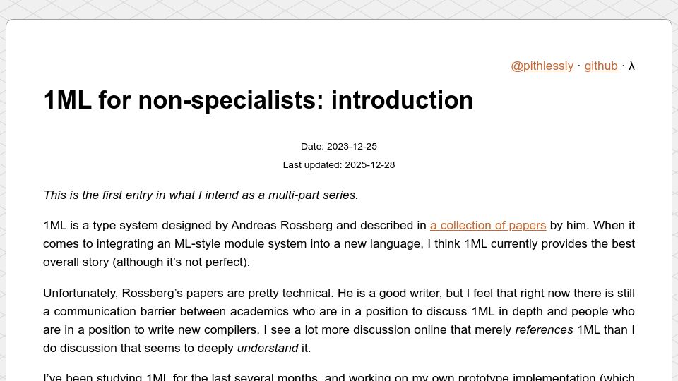 Screenshot of pithlessly.github.io: 1ML for non-specialists: introduction