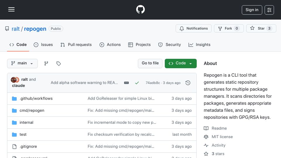 Screenshot of github.com: Show HN: Repogen – a static site generator for package repositories