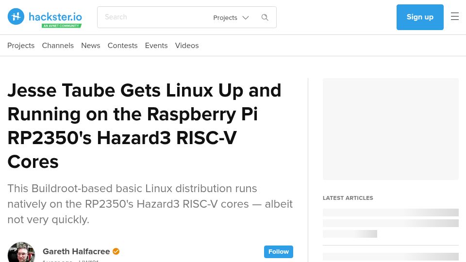 Screenshot of hackster.io: Linux Runs on Raspberry Pi RP2350's Hazard3 RISC-V Cores (2024)