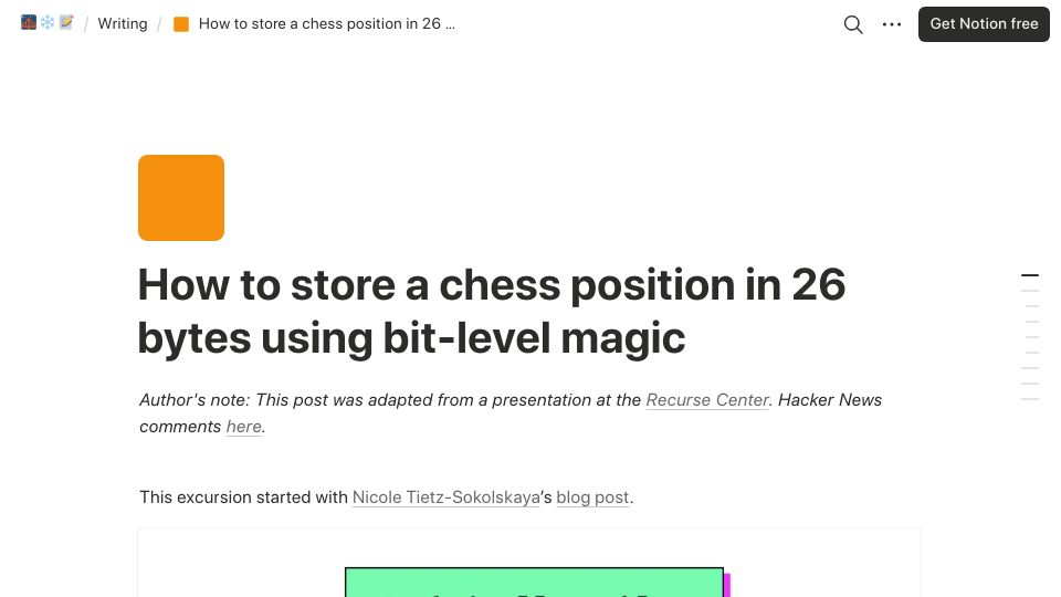 Screenshot of ezzeriesa.notion.site: How to store a chess position in 26 bytes (2022)
