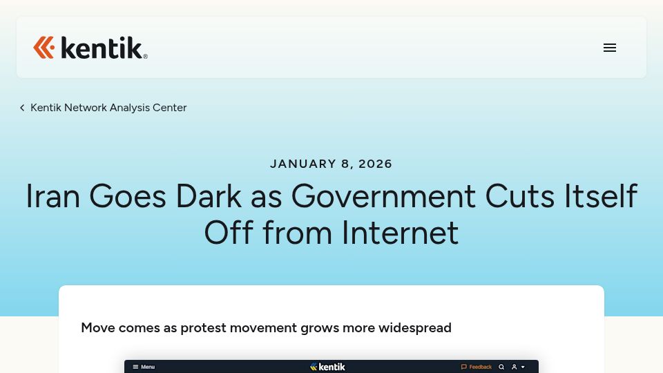 Screenshot of kentik.com: Iran Goes Dark as Government Cuts Itself Off from Internet