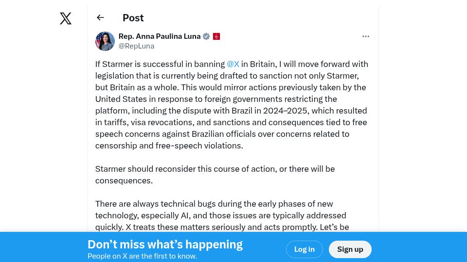 Screenshot of twitter.com: "If Starmer is successful in banning X in Britain, I will move forward in . . ."