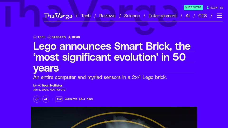 Screenshot of theverge.com: Lego announces Smart Brick, the 'most significant evolution' in 50 years, no AI