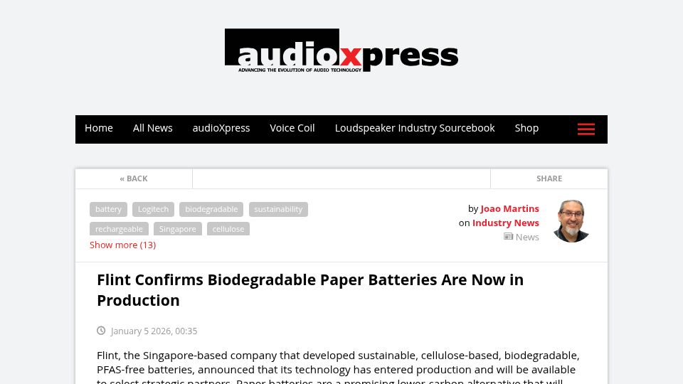 Screenshot of audioxpress.com: Flint Confirms Biodegradable Paper Batteries Are Now in Production