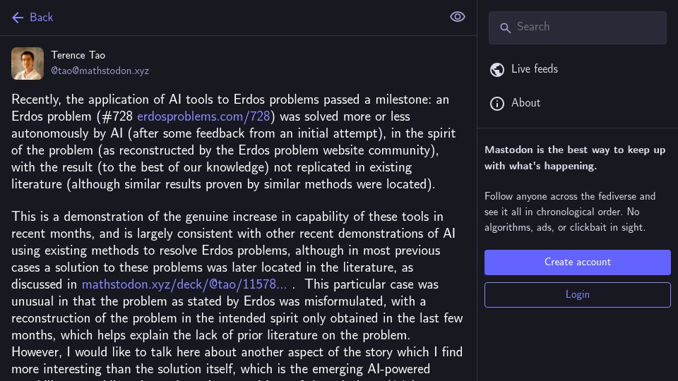 Screenshot of mathstodon.xyz: “Erdos problem #728 was solved more or less autonomously by AI”