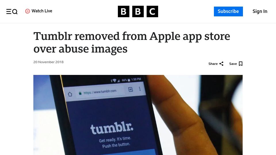 Screenshot of bbc.com: Tumblr removed from Apple App Store over abuse images (2018)