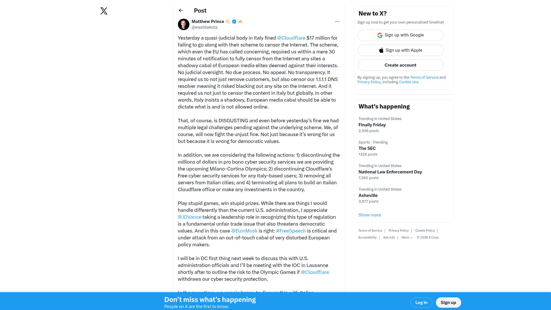 Screenshot of twitter.com: Cloudflare CEO on the Italy fines