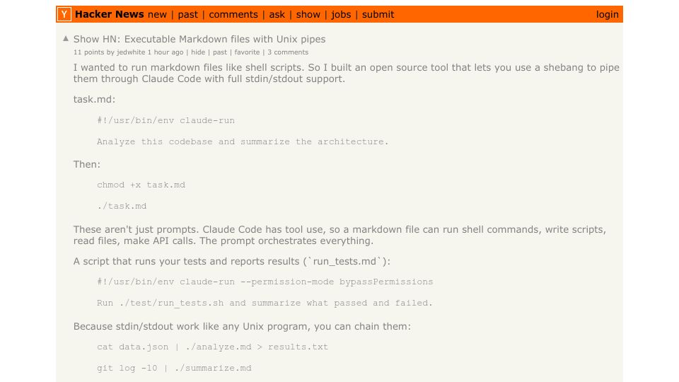 Screenshot of Hacker News post: Show HN: Executable Markdown files with Unix pipes