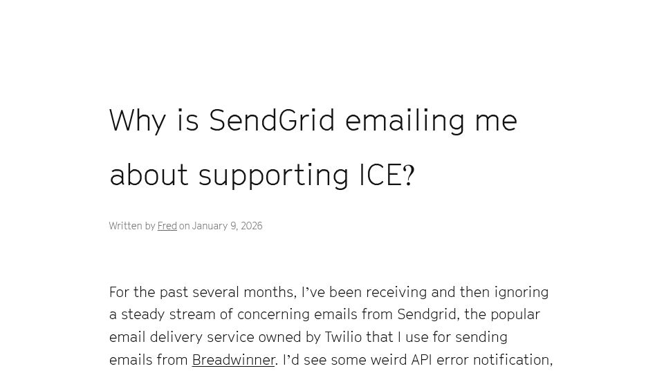 Screenshot of fredbenenson.com: SendGrid isn’t emailing about ICE or BLM – it’s a phishing attack