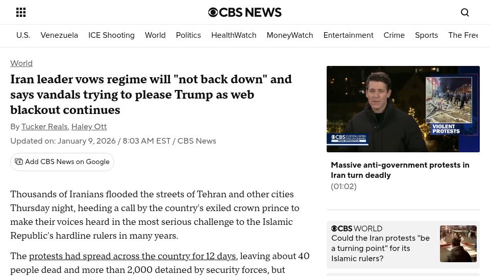 Screenshot of cbsnews.com: Iran vows regime will "not back down" as web blackout continues