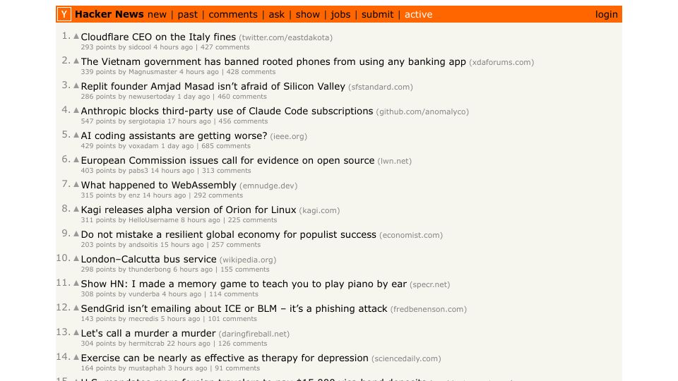Screenshot of news.ycombinator.com: Looking for flagged discussions on HN? See what's active
